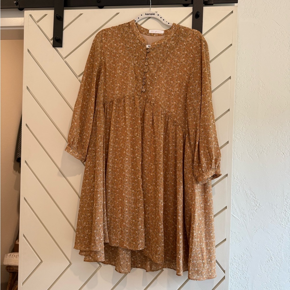 Ces Femme Floral Long Sleeve Dress in mustard yellow.